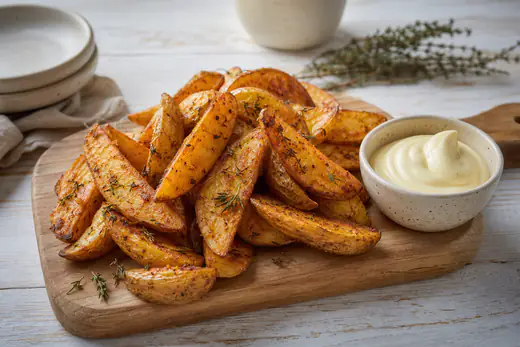 Goudbruine aardappelpartjes met schil en paprikakruiden op een houten plank met een bakje frietsaus