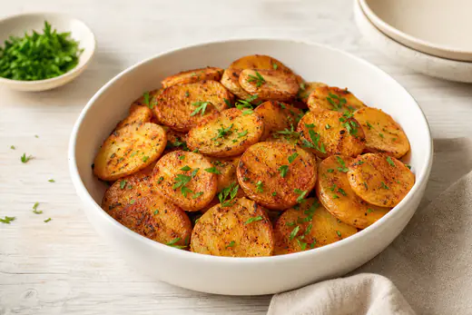 Goudbruine aardappelschijfjes met paprikakruiden en verse peterselie in een witte schaal