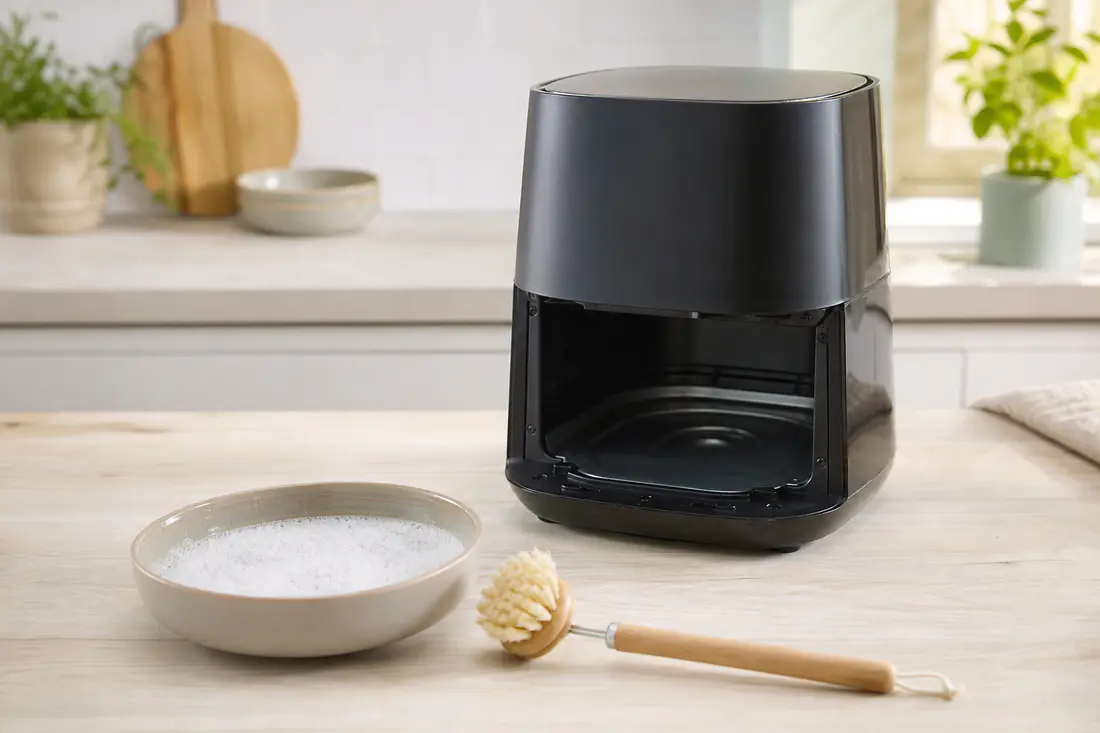 Airfryer met uitgenomen mand naast een teiltje sop en een zachte afwasborstel