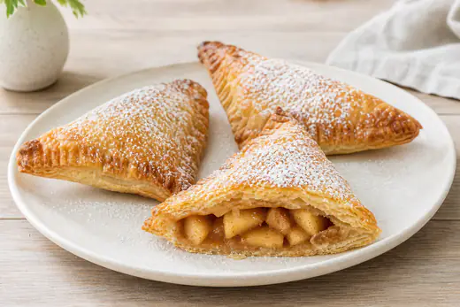 Drie driehoekige appelflappen van goudbruin bladerdeeg met poedersuiker, één doorgesneden met zichtbare appelvulling