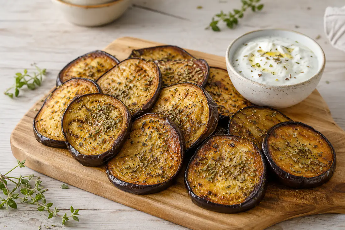 Goudbruine aubergineplakken met oregano en een schaaltje knoflookyoghurt op een houten plank