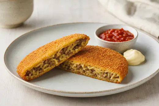 Platte, ronde, goudbruine gepaneerde bamischijf, doormidden gesneden met noedels en gehakt, op een bord naast sambal en mayonaise