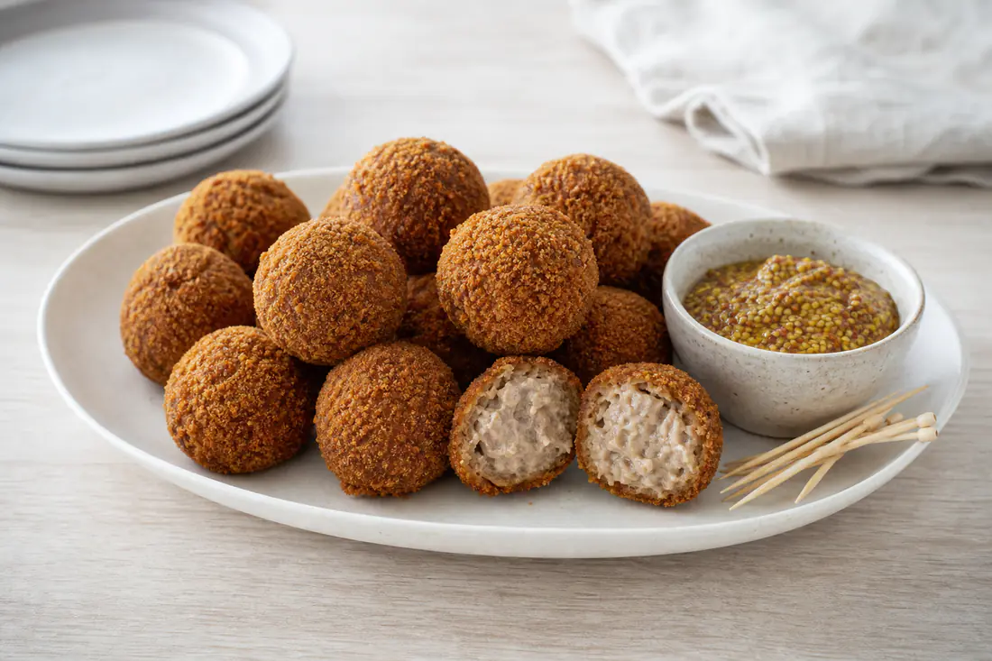Schaal met goudbruine bitterballen, waarvan één doormidden gesneden met ragout, naast een bakje grove mosterd