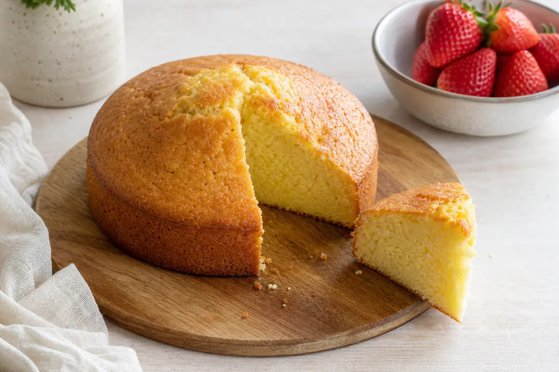 Ronde gouden botercake met een gebarsten bovenkant en een punt eruit gesneden, naast een schaaltje aardbeien