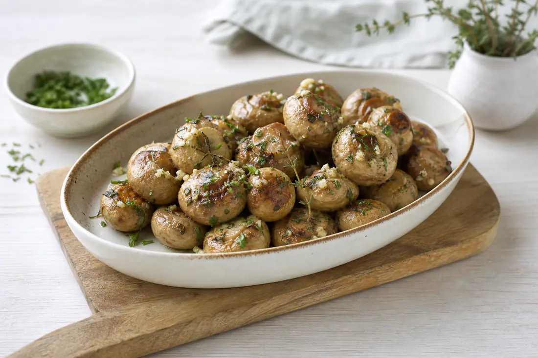 Gebakken hele champignons met knoflook, tijm en peterselie in een ovale schaal