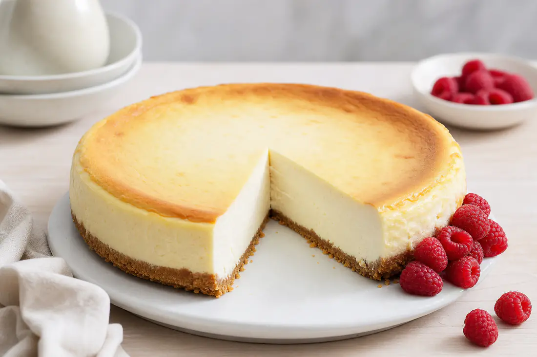 Ronde gebakken cheesecake met een bodem van koekkruimels, één punt eruit gesneden en verse frambozen ernaast