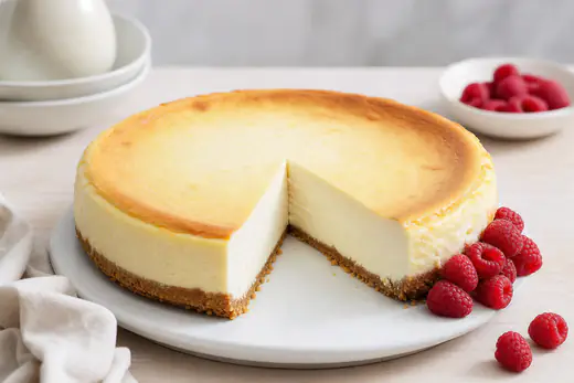 Ronde gebakken cheesecake met een bodem van koekkruimels, één punt eruit gesneden en verse frambozen ernaast