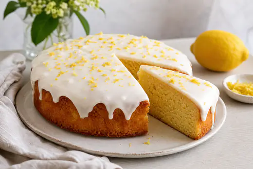 Ronde citroencake met wit glazuur en citroenrasp, met één punt aangesneden op een bord