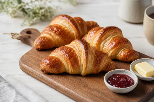 Drie goudbruine croissants op een houten plank met een schaaltje jam en een klontje roomboter
