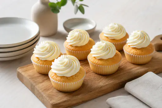 Vanillecupcakes met een toef witte botercrème in papieren vormpjes op een houten plank