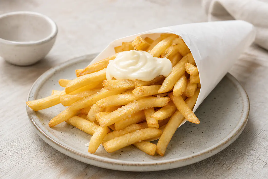Goudgele krokante frietjes in een papieren puntzak met een klodder mayonaise erop