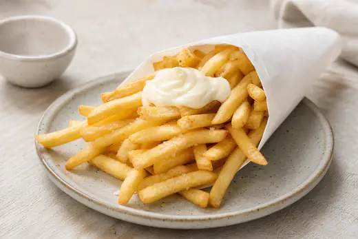 Goudgele krokante frietjes in een papieren puntzak met een klodder mayonaise erop