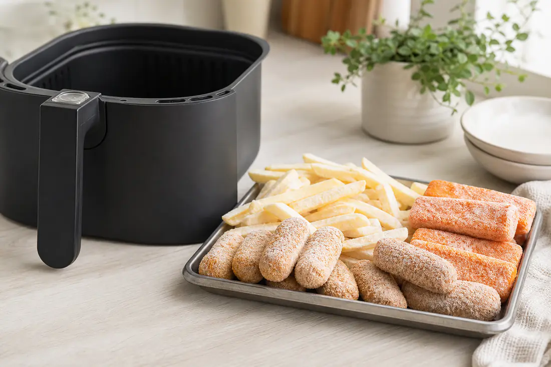 Bevroren friet, kroketten en vissticks met een laagje rijp naast een airfryermand