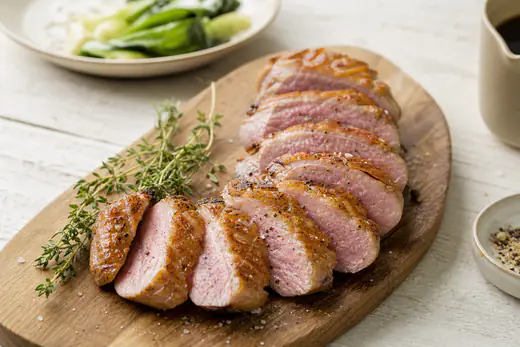 Gesneden rosé eendenborstfilet met krokant ingekerfd vel op een houten plank met tijm