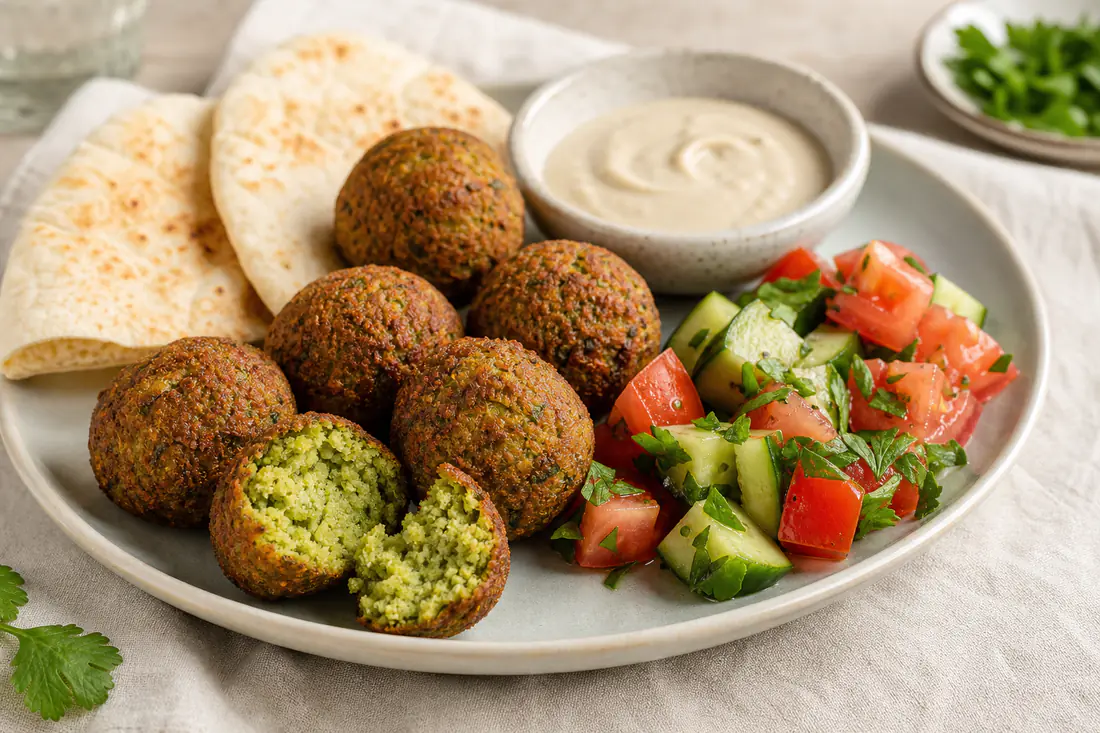 Krokante falafelballetjes met groene binnenkant op een bord met pitabrood, tahinsaus en tomaat-komkommersalade