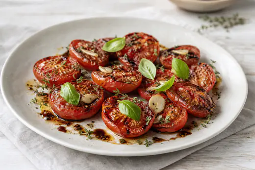 Geroosterde tomatenhelften met tijm en knoflook op een bord, besprenkeld met olijfolie en balsamico