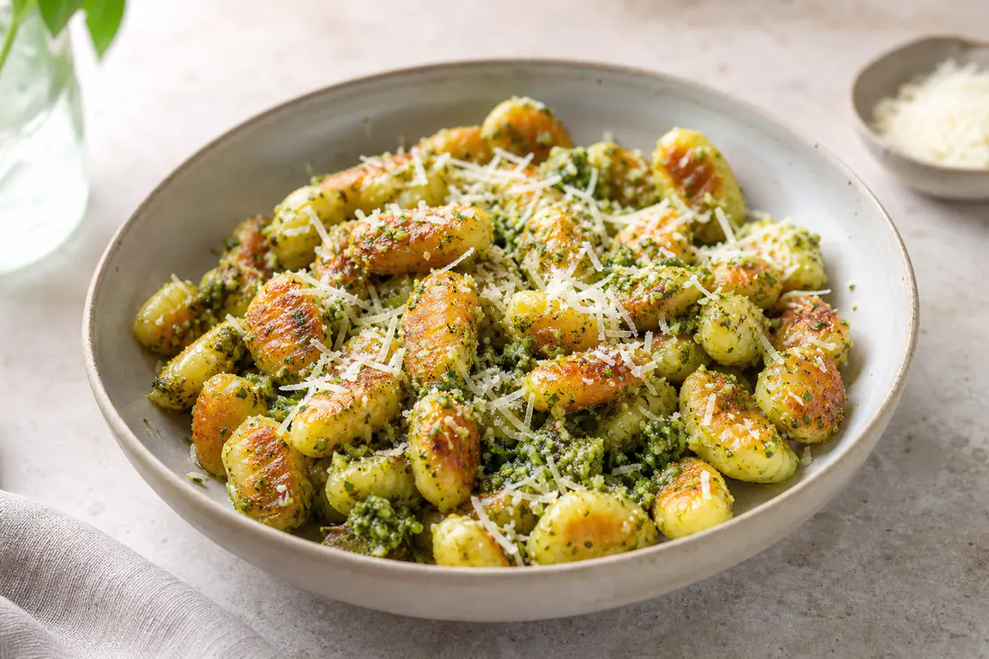 Goudbruine krokante gnocchi met groene pesto en geraspte Parmezaanse kaas in een diep bord