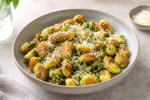 Goudbruine krokante gnocchi met groene pesto en geraspte Parmezaanse kaas in een diep bord