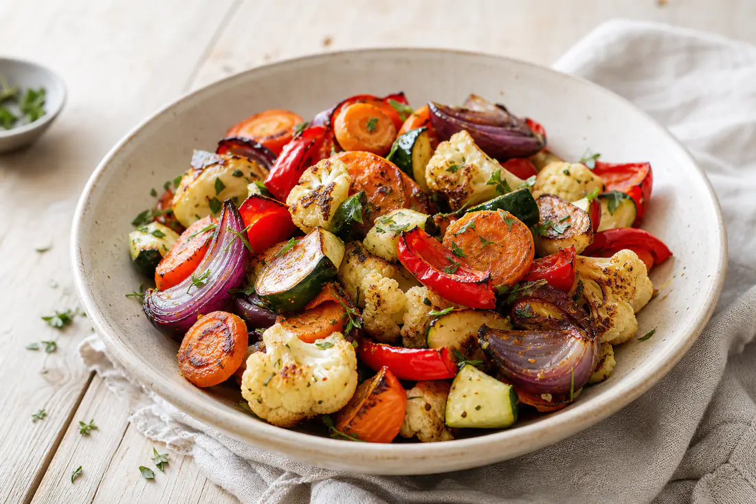 Schaal met geroosterde gemengde groenten zoals wortel, bloemkool, rode paprika, courgette en rode ui met verse kruiden