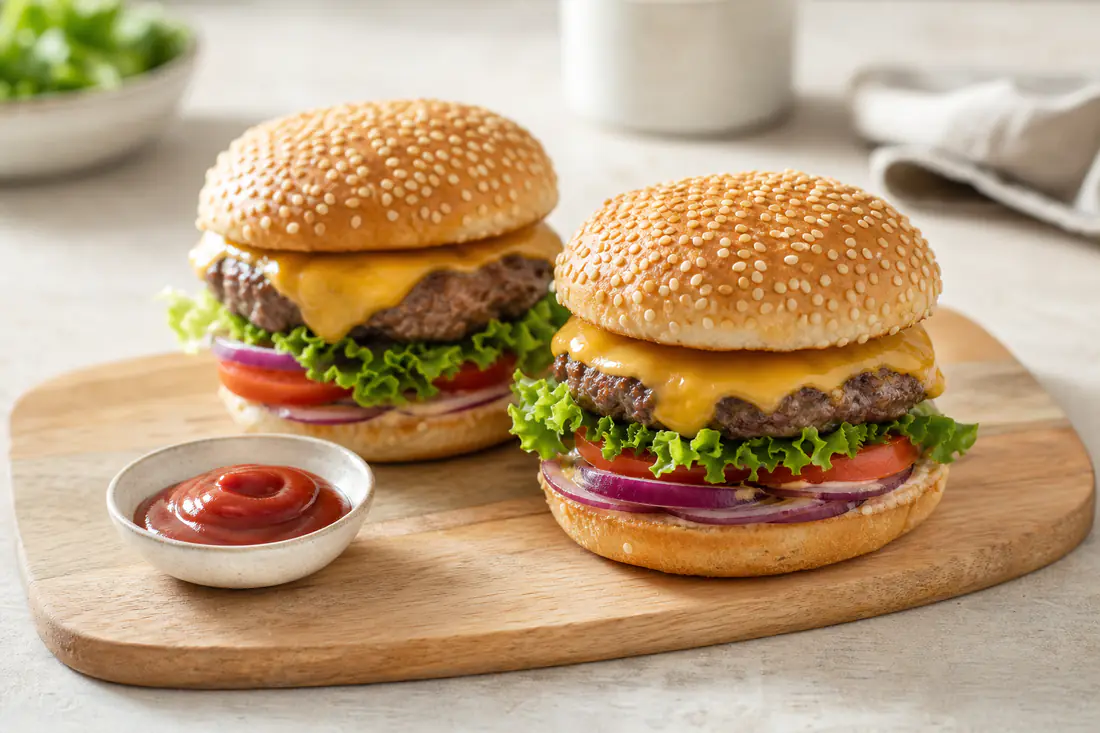 Twee runderburgers met gesmolten kaas, sla en tomaat op een sesambroodje naast een schaaltje ketchup