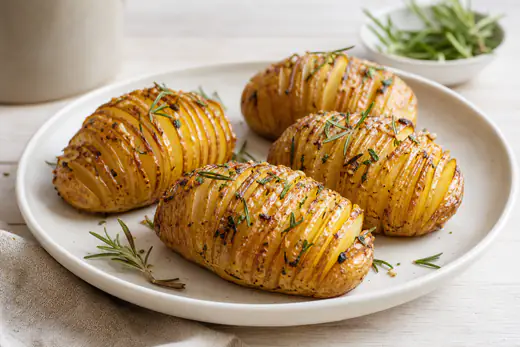 Vier goudbruine hasselback-aardappelen met knoflookboter en rozemarijn op een bord