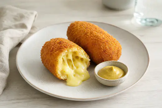 Twee goudbruine kaassoufflés, één doorgesneden met gesmolten kaas, met een schaaltje mosterd