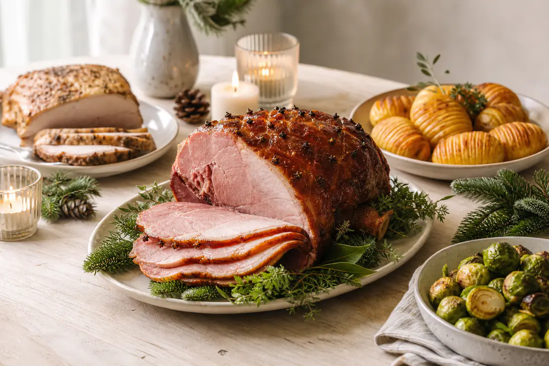 Feestelijk gedekte kersttafel met geglaceerde beenham, gesneden rollade, spruitjes en hasselback-aardappelen