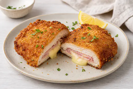 Doorgesneden kip cordon bleu met gesmolten kaas en ham in een goudbruine paneerlaag, met een schijfje citroen