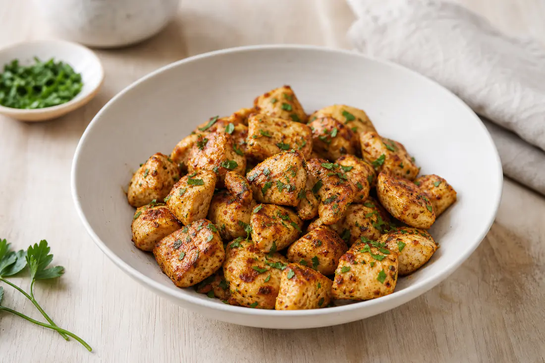 Goudbruine kipblokjes met paprikakruiden in een schaaltje met verse peterselie