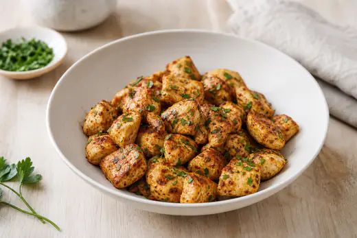 Goudbruine kipblokjes met paprikakruiden in een schaaltje met verse peterselie