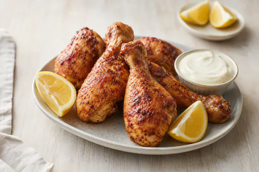Krokante goudbruine kipdrumsticks met paprikakruiden op een bord met partjes citroen en een kommetje knoflooksaus