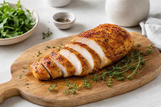 Gekruide hele kipfilet met goudbruine korst, in plakken gesneden op een snijplank met verse tijm