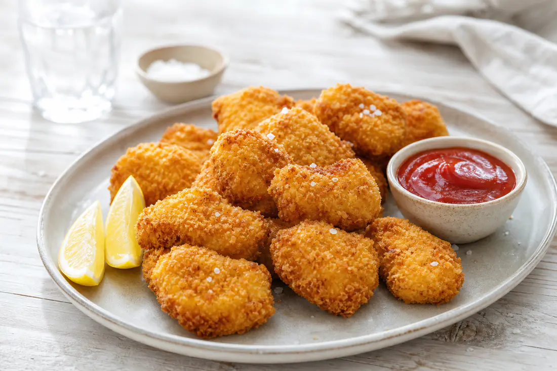 Zelfgemaakte goudbruine kipnuggets met panko op een bord met een kommetje ketchup en partjes citroen