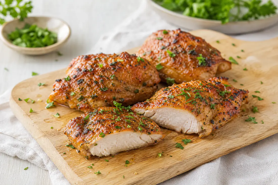 Gekruide kipdijfilets met een goudbruin korstje op een snijplank, één doorgesneden, met verse peterselie