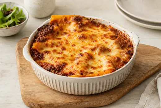 Opgewarmde portie lasagne met gesmolten, goudbruine kaas in een klein ovenschaaltje op een houten plank