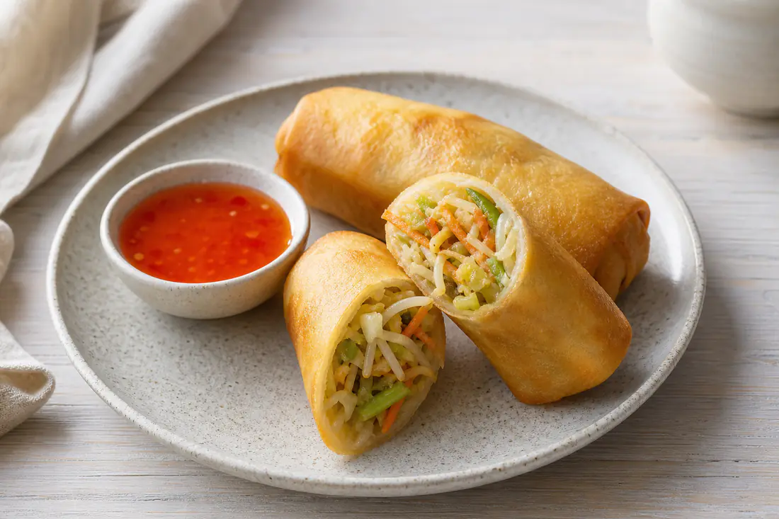 Twee goudbruine krokante loempia's op een bord, een ervan doorgesneden, met een schaaltje zoete chilisaus