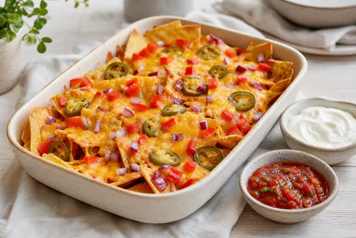 Tortillachips met gesmolten cheddar, jalapeños, rode ui en paprika in een ovenschaal met salsa en zure room