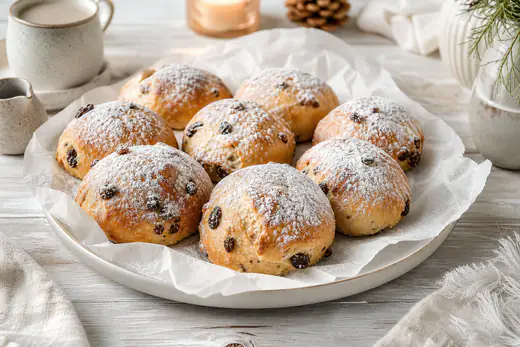 Ronde goudbruine bollen met krenten en rozijnen, bestoven met poedersuiker, op een schaal met bakpapier