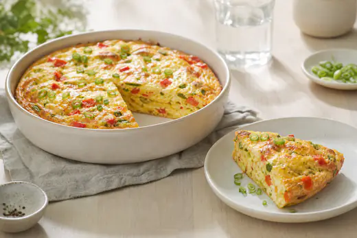 Luchtige groente-omelet met paprika, bosui en gesmolten kaas in een ronde bakvorm, met een punt op een bord