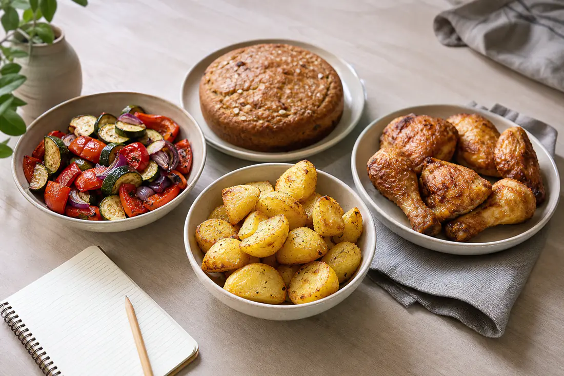 Verschillende gerechten uit de airfryer op het aanrecht