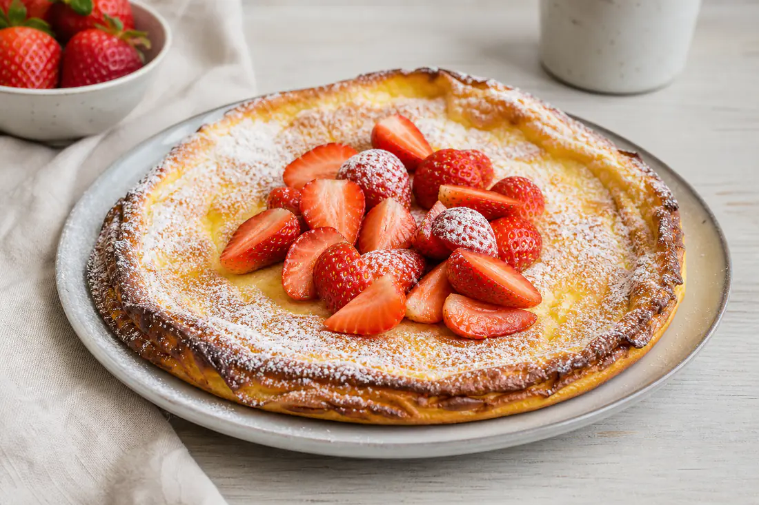 Ronde goudbruine pannenkoek met een opgebold randje op een bord met poedersuiker en aardbeien