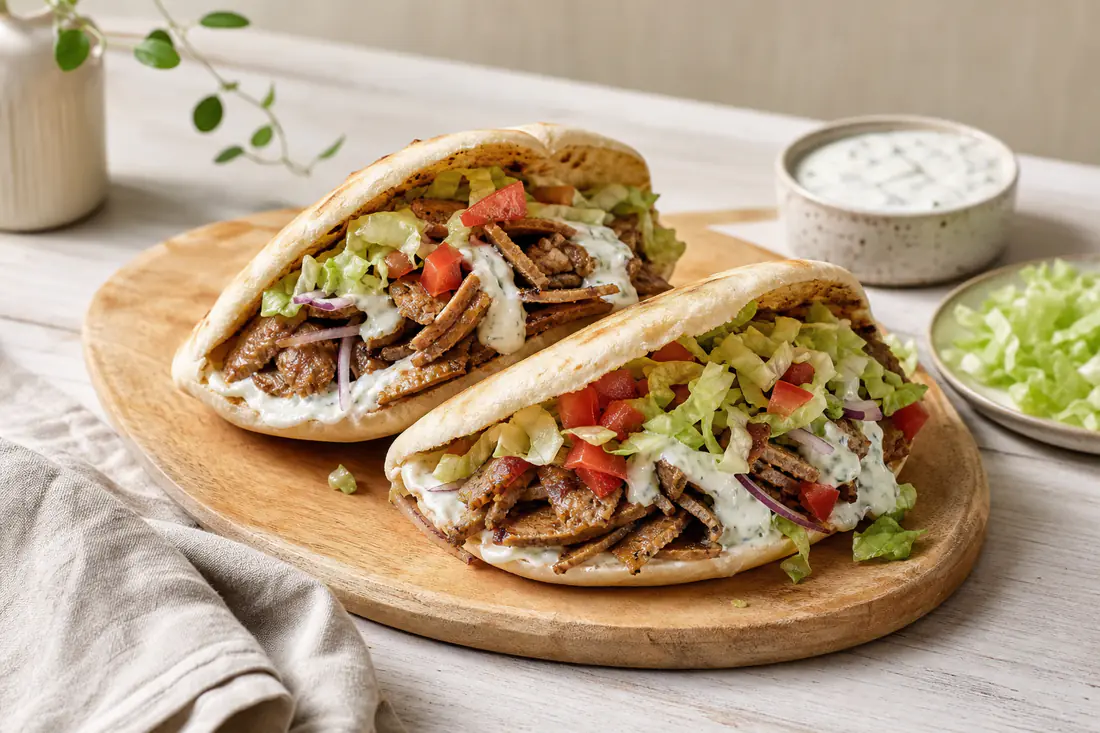 Warme opengesneden pitabroodjes gevuld met shoarma, sla, tomaat en knoflooksaus op een houten plank