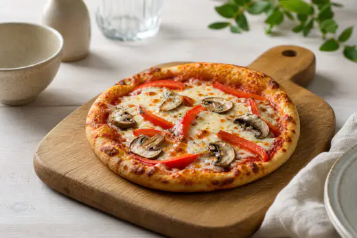 Kleine zelfgemaakte pizza met tomatensaus, gesmolten mozzarella, champignons en paprika op een houten snijplank