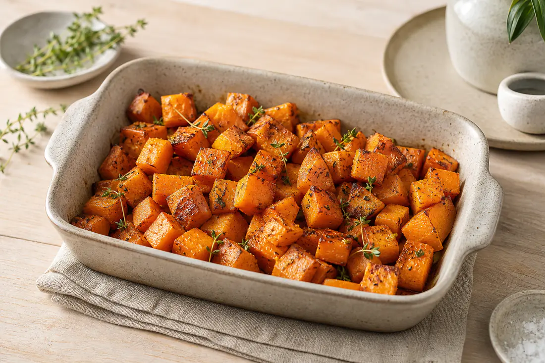Geroosterde blokjes flespompoen met gerookte paprika en tijm in een ovenschaal