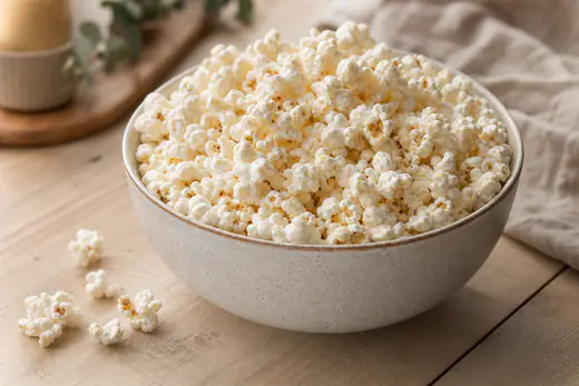Een grote kom witte gezouten popcorn op een houten tafel met een paar losse korrels ernaast