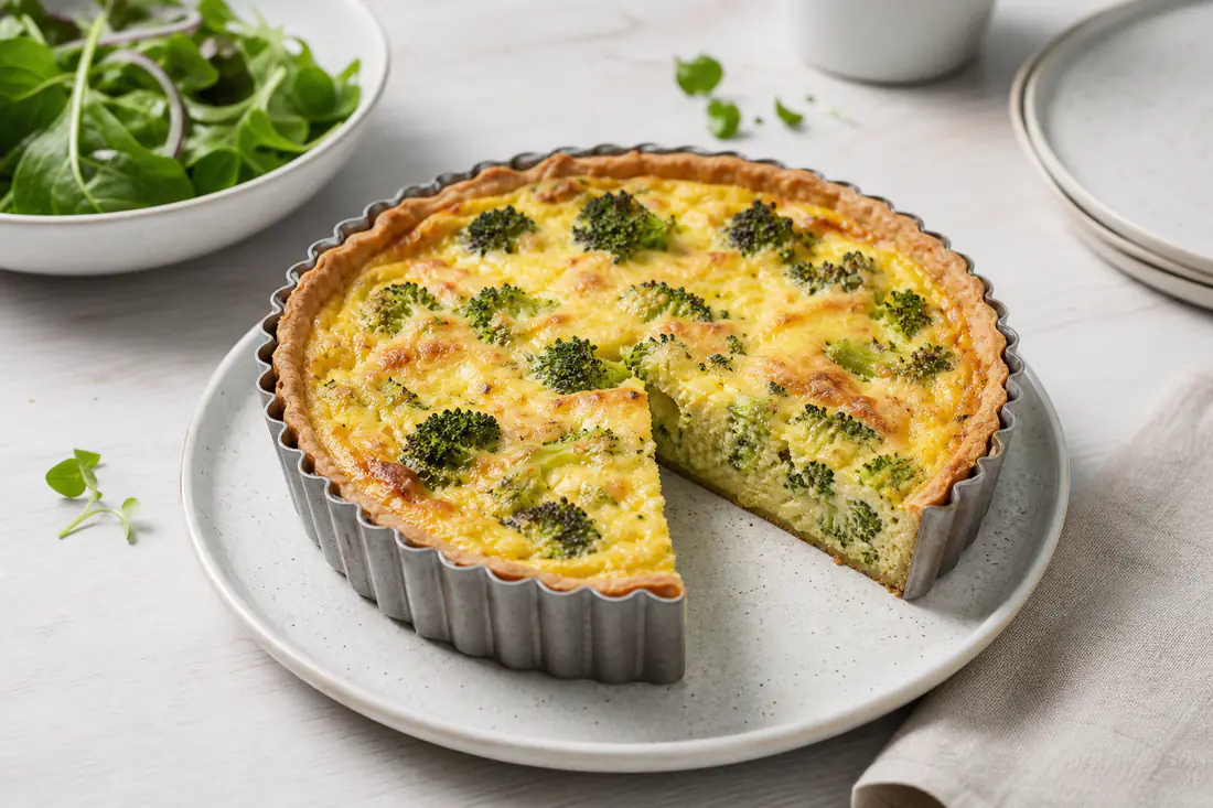 Kleine ronde quiche met broccoli en kaas in een bakvorm, een punt eruit gesneden met stevige gele vulling en gouden korst