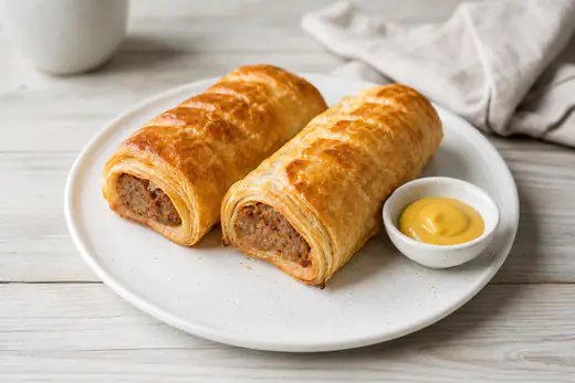 Twee goudbruine saucijzenbroodjes met schilferig bladerdeeg op een bord met een schaaltje mosterd