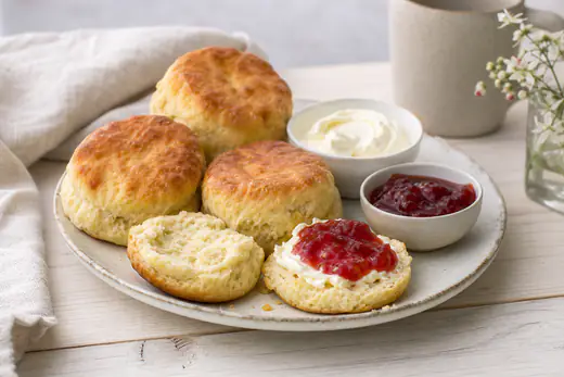 Goudbruine Engelse scones op een bord met een opengebroken scone, clotted cream en aardbeienjam