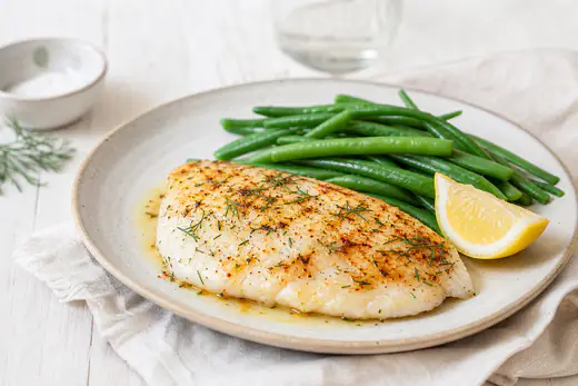 Witte visfilet met paprika en dille, licht goudbruin, op een bord met een partje citroen en sperziebonen